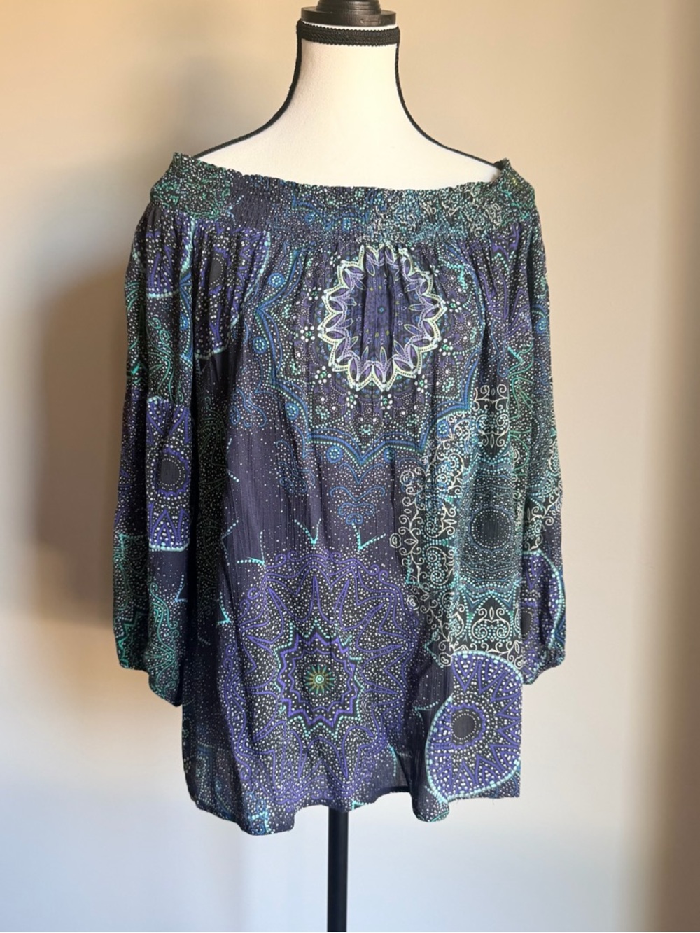 Desigual Off-Shoulder Boho Print Peasant Top in Navy and Teal